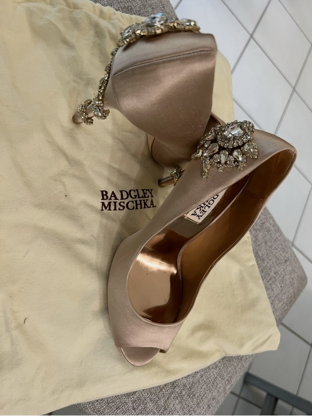Badgley Mischka Champagne Satin Crystal-Embellished Peep-Toe Heels